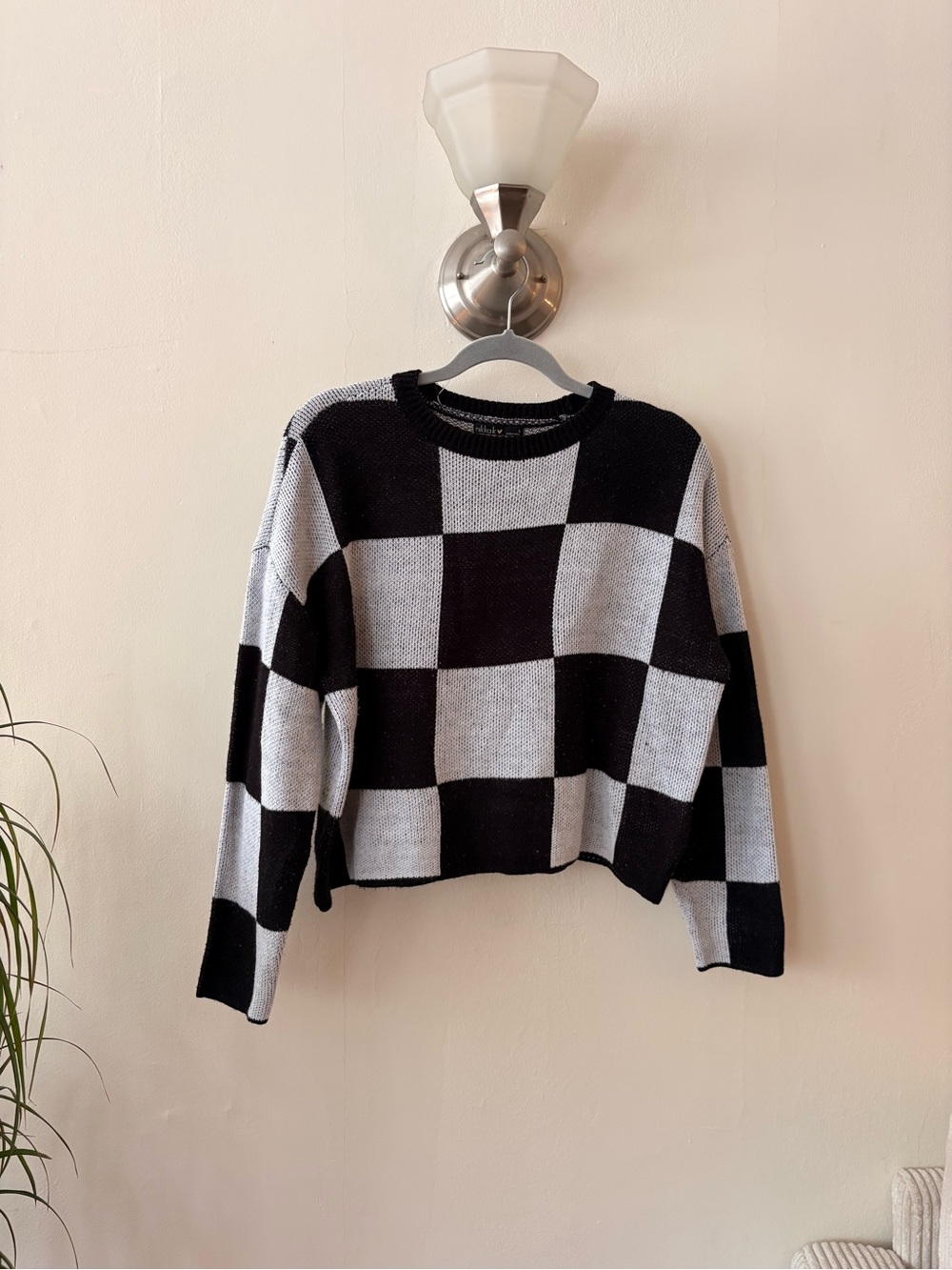 Checkerboard Knit Crewneck Sweater - Black & White